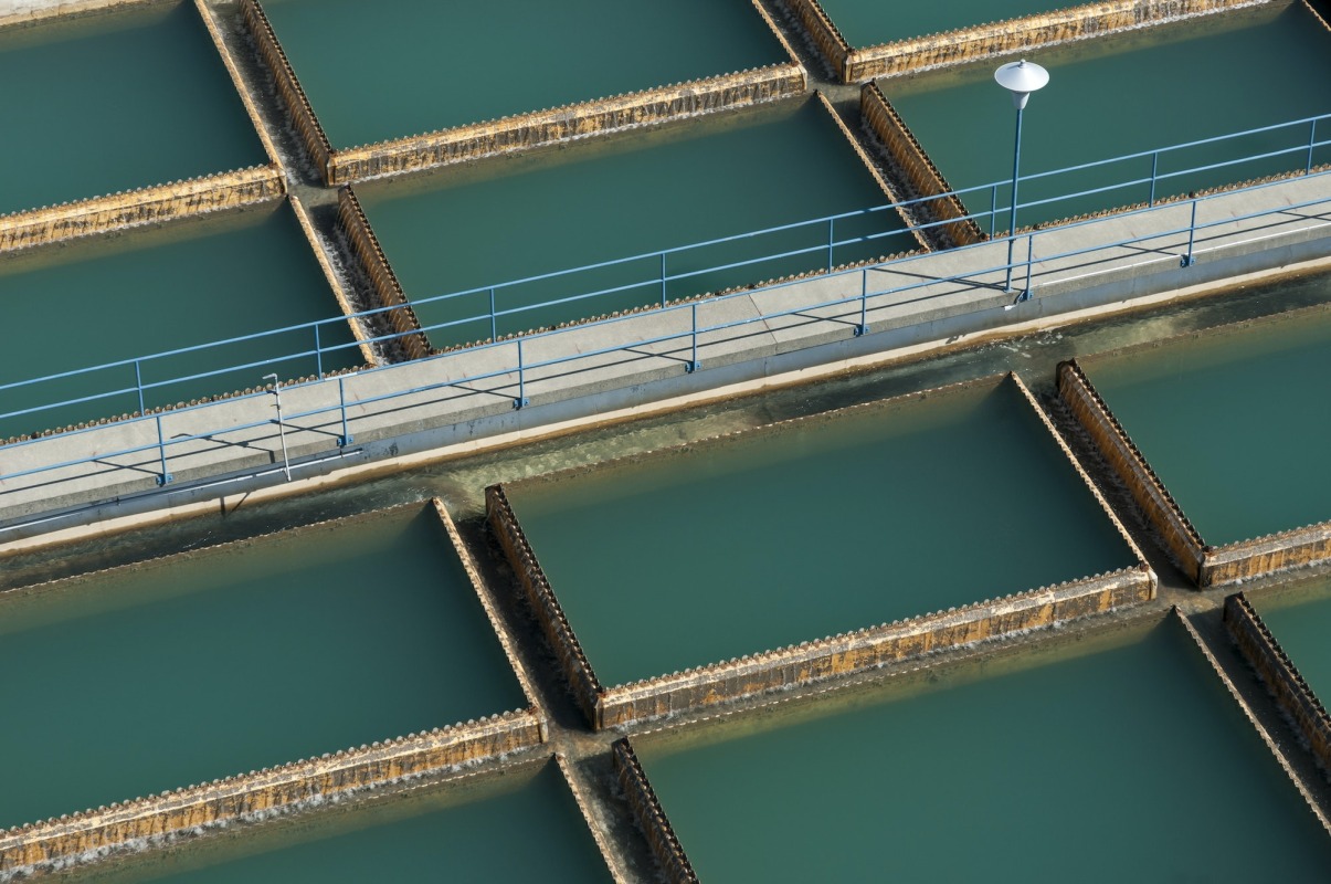 Aerial view of walkway over water treatment tanks